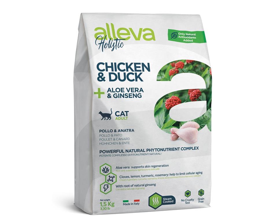 Alleva Holistic PIŠČANEC & RACA, aloe vera in ginseng za ODRASLE MAČKE, 400g
