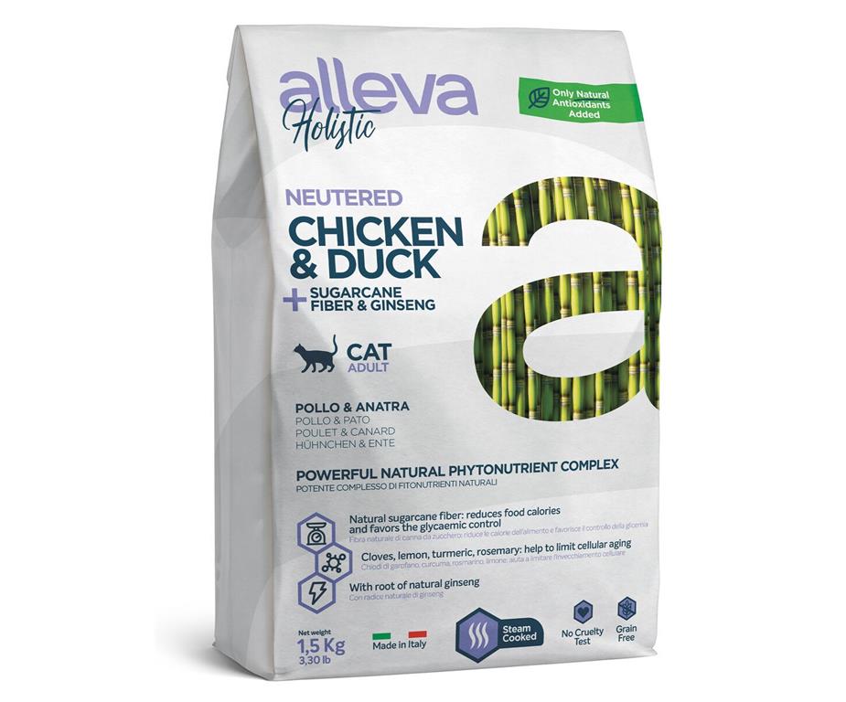 Alleva Holistic STERILIZIRANE MAČKE - PIŠČANEC & RACA, sladkorni trs in ginseng