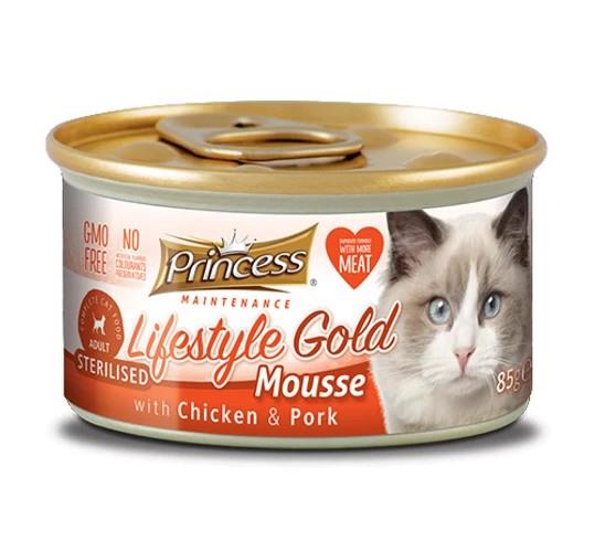 Princess Lifestyle Gold Mousse - PIŠČANEC & SVINJINA za sterilizirane mačke, 85g