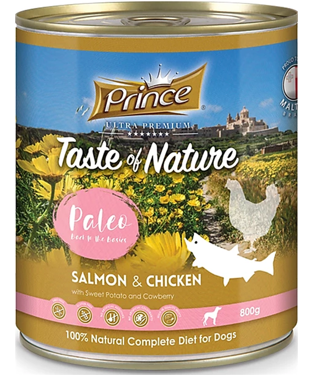 PRINCE konzerva - LOSOS in PIŠČANEC z brusnico in sladkim krompirjem 800g