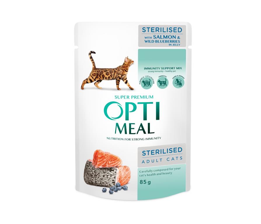 OPTI MEAL Cat Adult vrečka - LOSOS z borovnicami v želeju 85 g