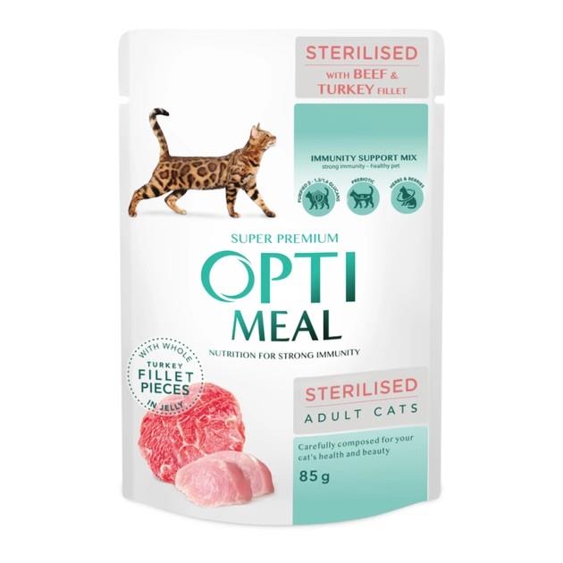 OPTI MEAL Cat Adult vrečka - GOVEDINA in PURAN za sterilizirane mačke, žele 85 g