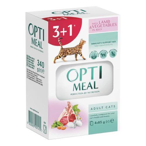 OPTI MEAL Cat Adult vrečka - JAGNJETINA z zelenjavo v želeju 85 g 3+1