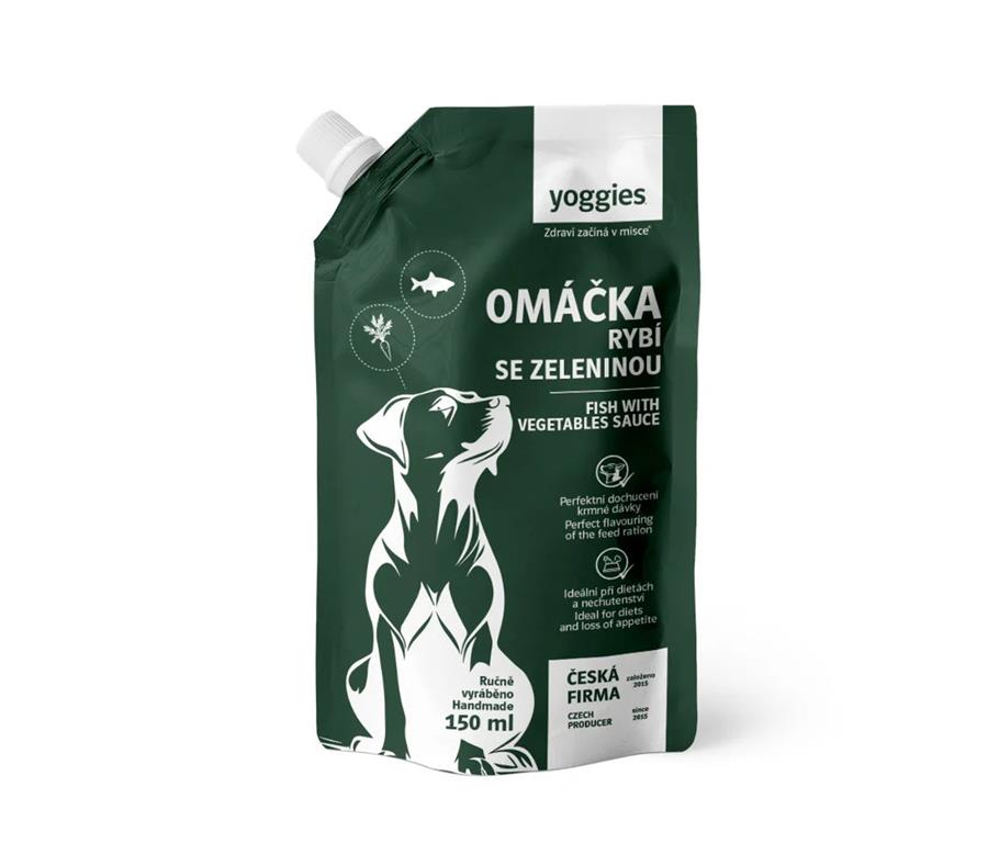 Yoggies Omaka za pse z BELO RIBO in ZELENJAVO, 150ml