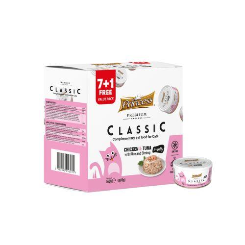 Princess Classic – Piščanec & tuna z rižem in kozicami, 70g, 7+1