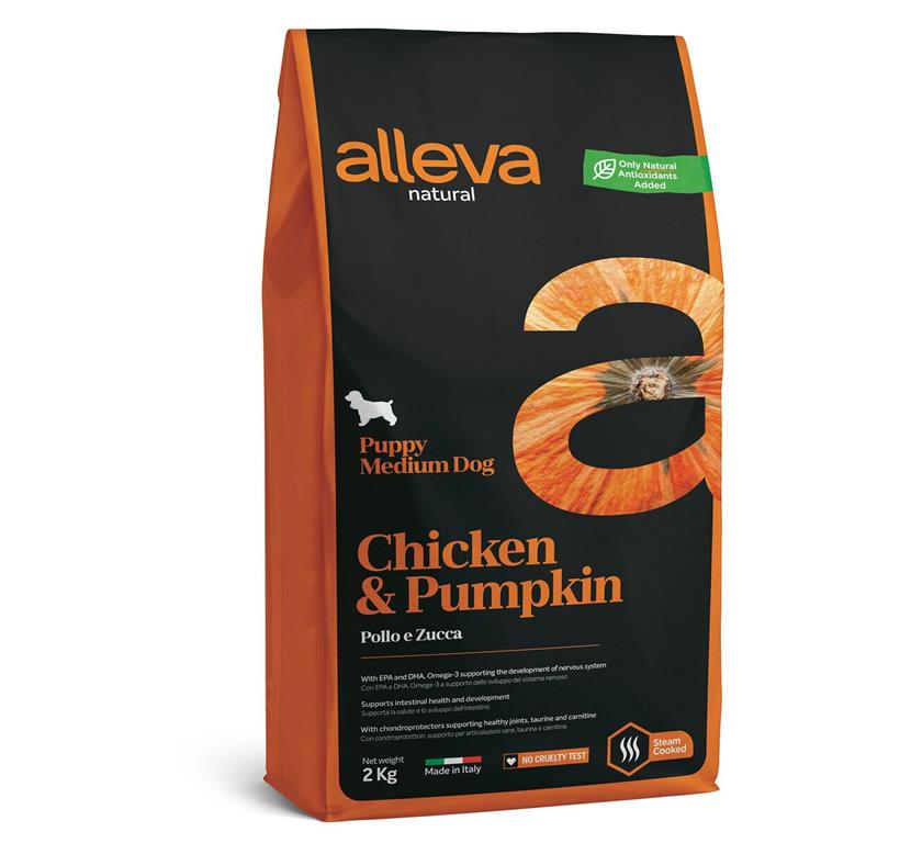 Alleva Natural PUPPY medium – PIŠČANEC & BUČA